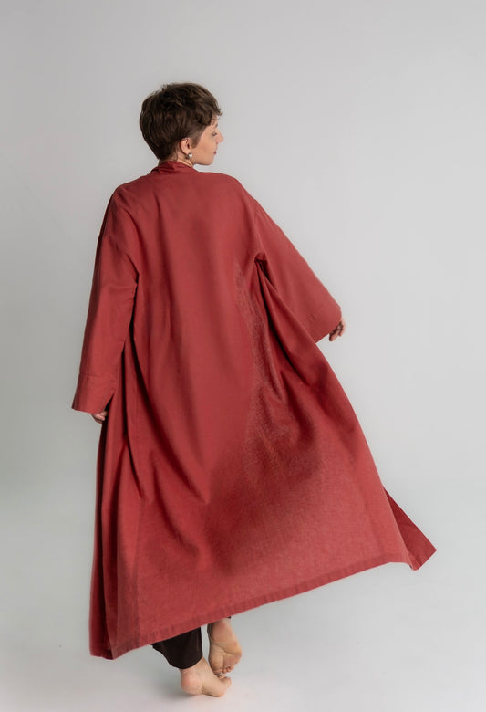 Lyocell linen long kimono in red, with belt and tassel, back view, women’s loungewear