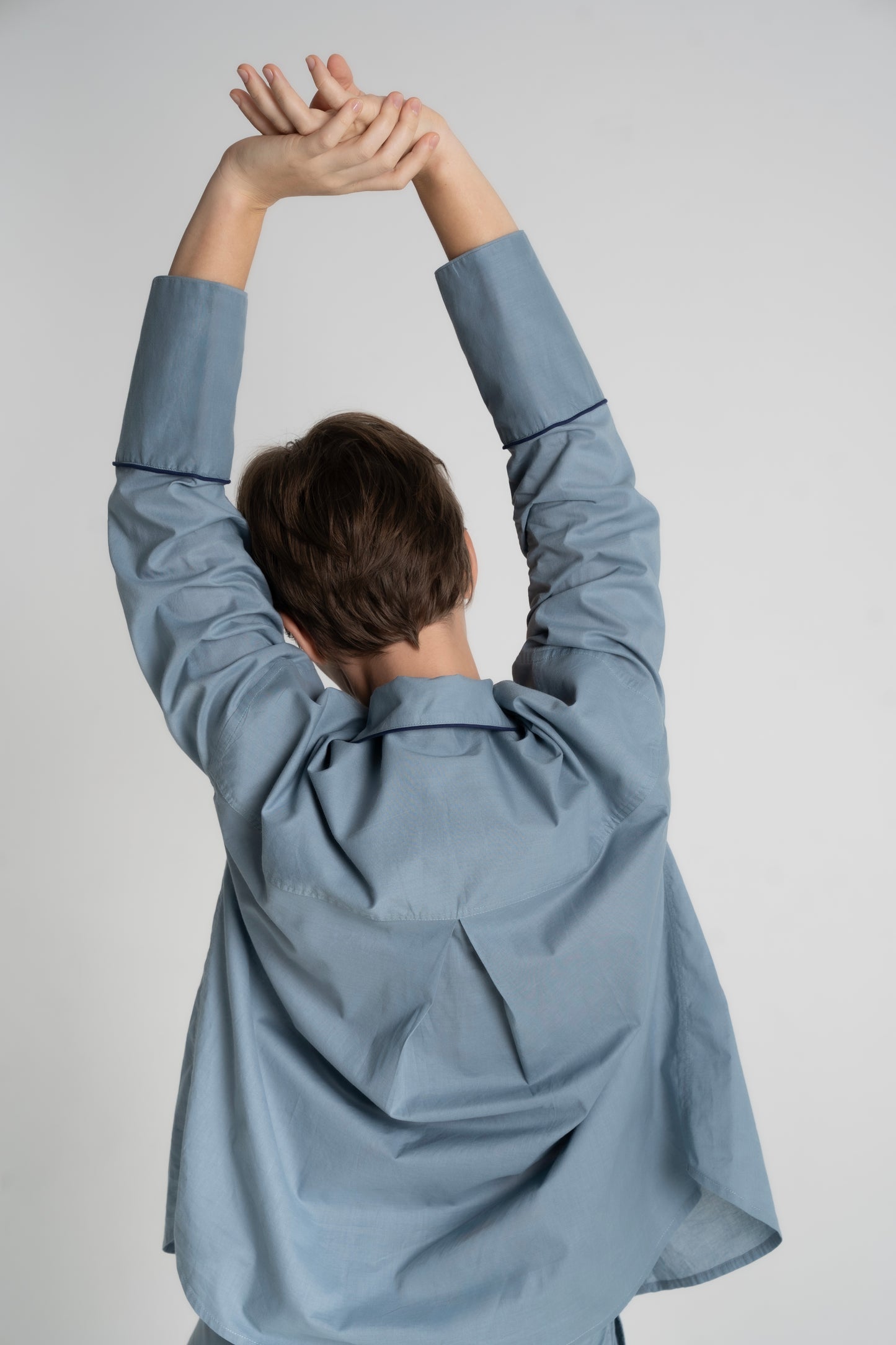 Blue 100% Indian cotton women’s pyjama set with shirt and long pants, oversized fit, light and breathable, back view