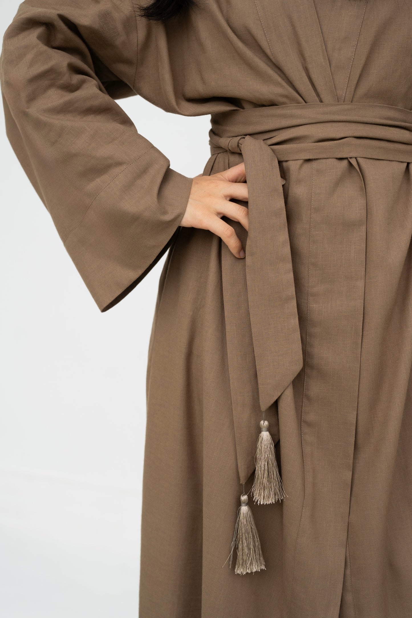 Lyocell linen long kimono in brown, with belt and tassel, tassel detail, women’s loungewear