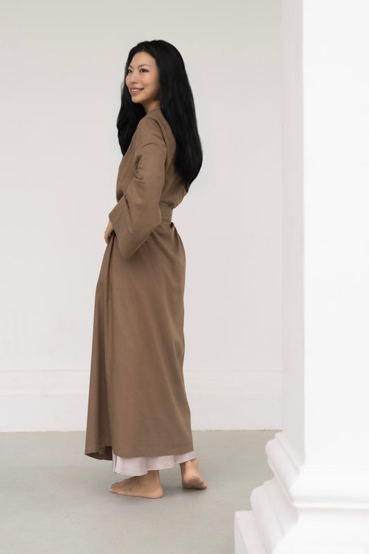 Lyocell linen long kimono in brown, with belt and tassel, side view, women’s loungewear