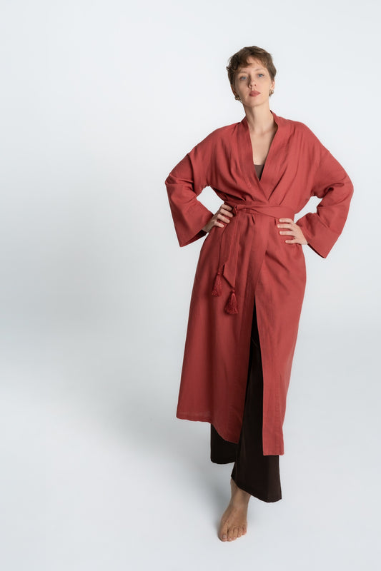 Lyocell linen long kimono in red, with belt and tassel, front view, women’s loungewear
