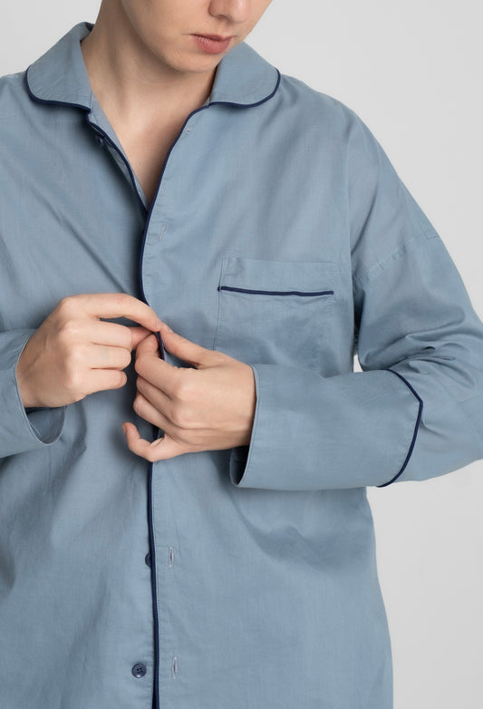 Blue 100% Indian cotton women’s pyjama set with shirt and long pants, oversized fit, light and breathable, button detail