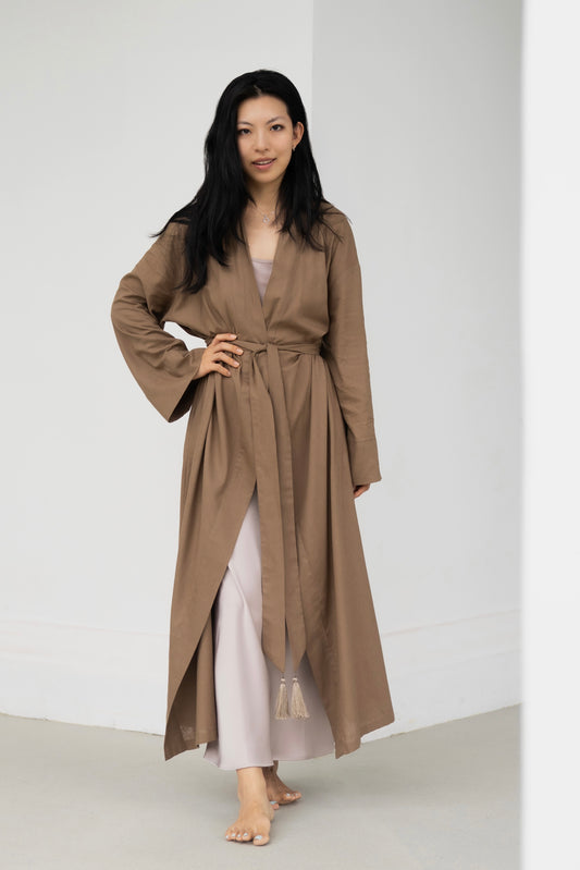 Lyocell linen long kimono in brown, with belt and tassel, front view, women’s loungewear