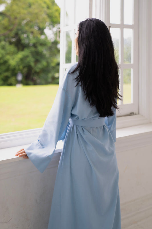 Lyocell linen long kimono in light blue, with belt and tassel, back view, women’s loungewear